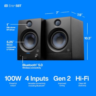 PreSonus Eris 5BT Bluetooth Studio Monitors, Pair — 5.25 Inch Powered Bookshelf Speakers, Stereo, Desktop Computer, Near Field Music Production, Audio Mixing Recording