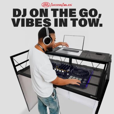 AxcessAbles Two-Tier Portable DJ Booth | Large DJ Table Stand w/ 43×25 Desk Surface | 2 Ergonomic Table Heights | Black & White Facades, Carry Cases | DJ Laptop Controller Stand