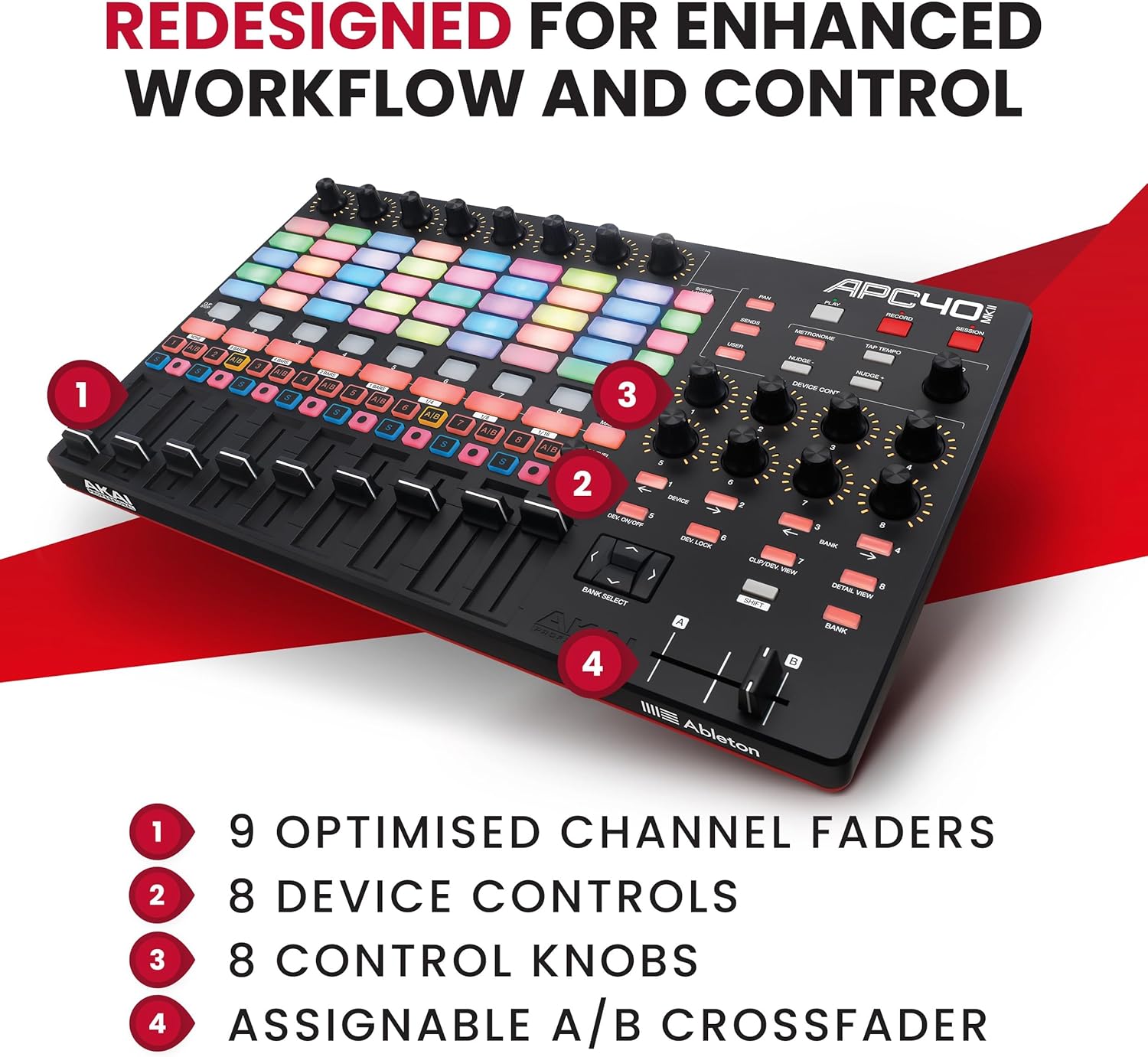 Akai Professional APC40 MKII – USB MIDI Controller for 1 to 1 Mapping with Ableton Live Lite with 5×8 Clip Launch Matrix, Knobs and Faders, Pro Software Suite Included