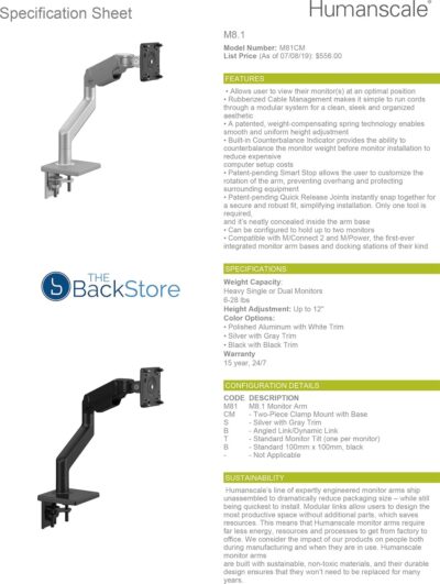 81dMSB8CYyL. AC SL1500 Humanscale M8.1 Adjustable Monitor Arm with Two Piece Clamp Mount and Base – Silver M81CMSBTB