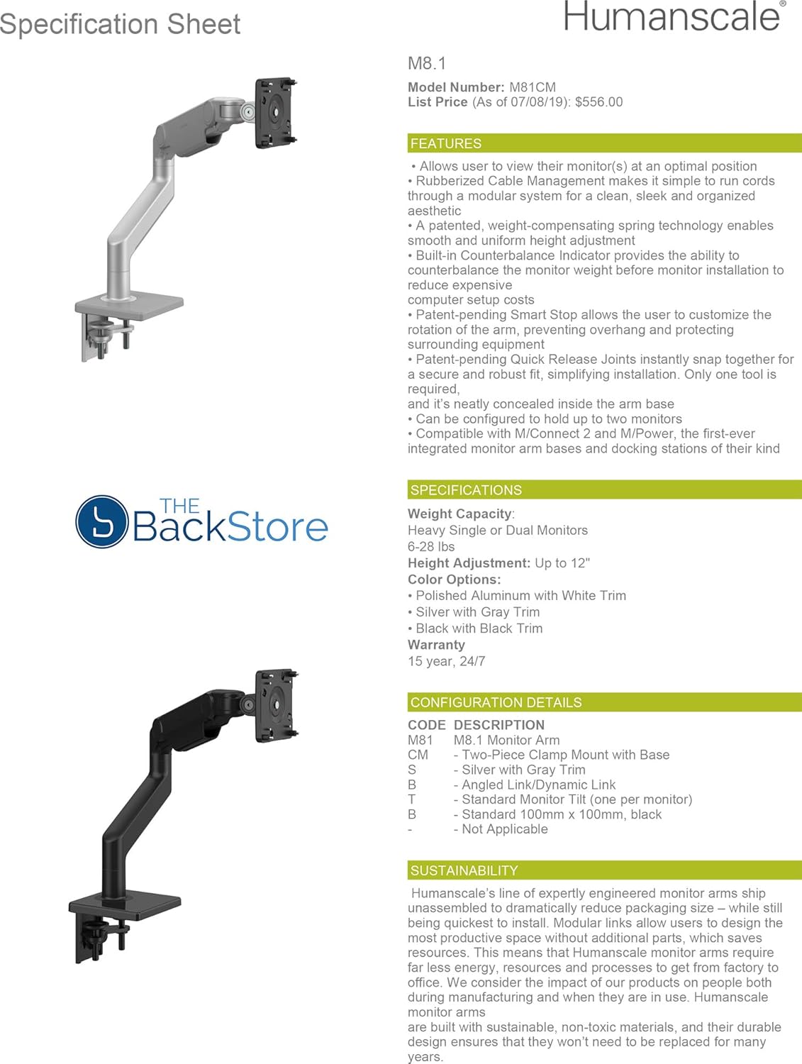 Humanscale M8.1 Adjustable Monitor Arm with Two Piece Clamp Mount and Base – Silver M81CMSBTB