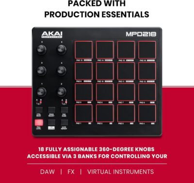 Akai Professional MPD218 – USB MIDI Controller with 16 MPC Drum Pads, 6 Assignable Knobs, Note Repeat and Full Level Buttons and Production Software