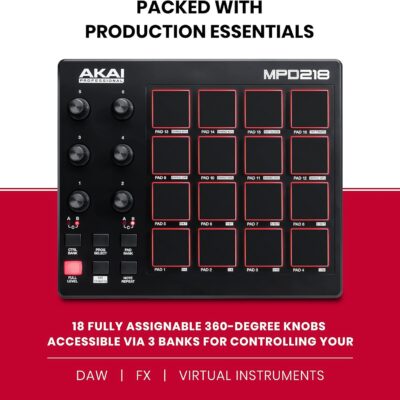 Akai Professional MPD218 – USB MIDI Controller with 16 MPC Drum Pads, 6 Assignable Knobs, Note Repeat and Full Level Buttons and Production Software
