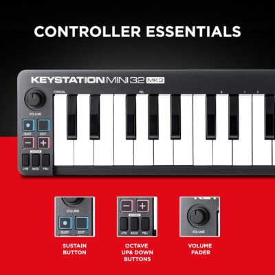 M-AUDIO Keystation Mini 32 MK3 USB MIDI Keyboard Controller with 32 Velocity Sensitive Mini Keys and Recording Software Included