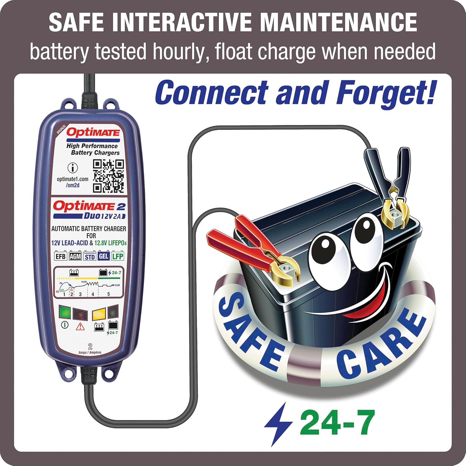 Tecmate Optimate 2 Duo, TM-551, Bronze Series: 5-Step 12V / 12.8V 2A Sealed Battery Charger & maintainer, Blue