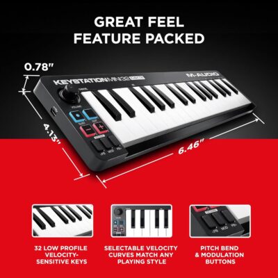 M-AUDIO Keystation Mini 32 MK3 USB MIDI Keyboard Controller with 32 Velocity Sensitive Mini Keys and Recording Software Included