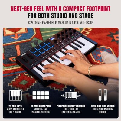 Akai Professional MPK Mini IV USB-C MIDI Keyboard Controller for Beginners and Producers – MPC Drum Pads, 360° Knobs, Pitch and Mod Wheels, Production Software, Native Instruments Sound Package, Black