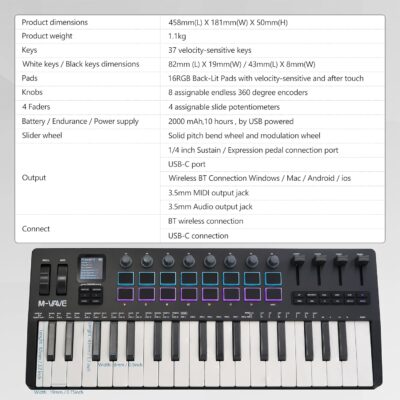 M-VAVE SMK37 PRO MIDI keyboard controller with 16 backlit drum pads, perfect for music production and beat making with responsive touch sensitivity
