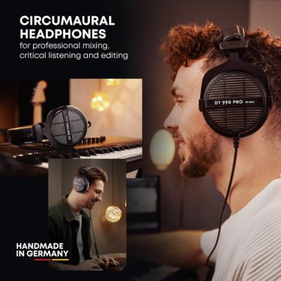 beyerdynamic DT 990 PRO, 80 Ohm, Open Back, Over Ear, Wired Professional Studio Headphones, Gaming, Podcast, Audiophile, Mixing, 3m Straight Cable, Black with Gray Velour Ear Pads