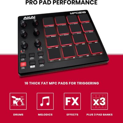 Akai Professional MPD218 – USB MIDI Controller with 16 MPC Drum Pads, 6 Assignable Knobs, Note Repeat and Full Level Buttons and Production Software