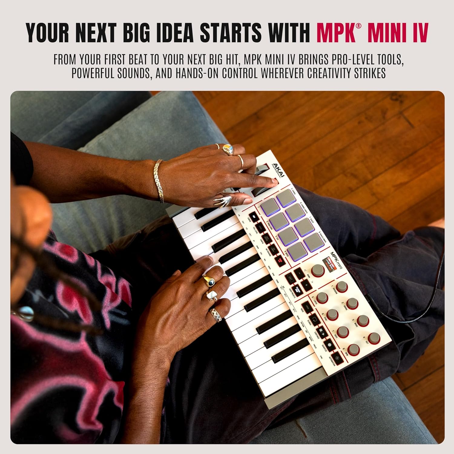 Akai Professional MPK Mini IV USB-C MIDI Keyboard Controller for Beginners and Producers – MPC Drum Pads, 360° Knobs, Pitch and Mod Wheels, Production Software, Native Instruments Sound Package, Grey