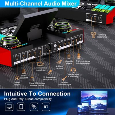 Podcast Equipment Bundle with 3.5mm Condenser Microphone for Pc/Phone Live Streaming Singing Gaming, Podcast Microphone Bundle with Live Sound Board Audio Mixer Denoise,DJ Sets