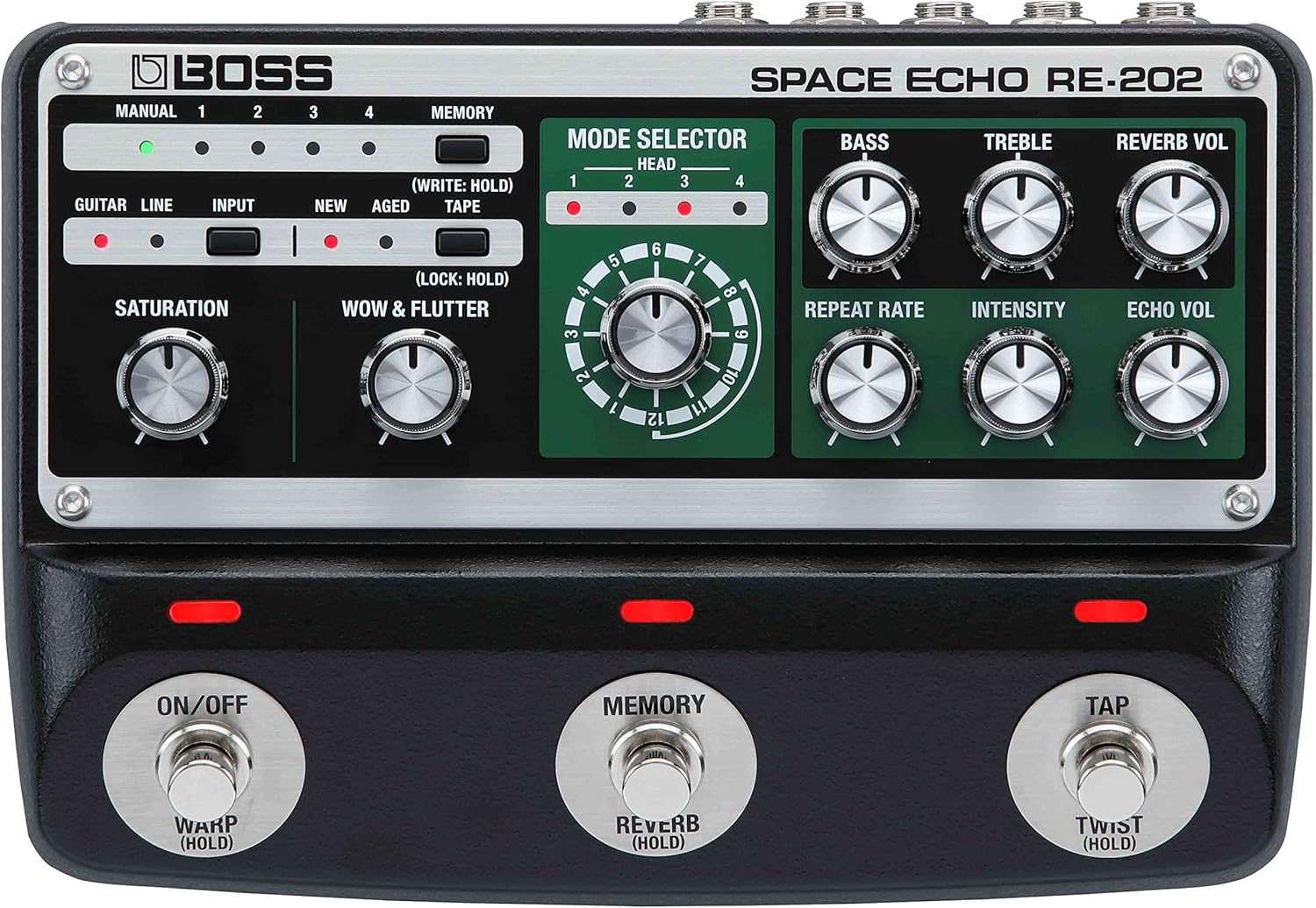 Boss RE-202 Space Echo Delay and Reverb Effects Bundle with Gearlux Power Supply, Instrument Cable, Patch Cable, and Picks