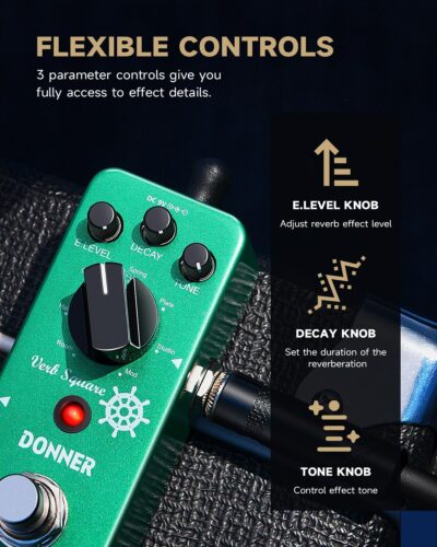 Donner Reverb Guitar Pedal, Verb Square Digital Reverb 7 Modes Room, Hall, Church, Spring, Plate, Studio, Mod, True Bypass