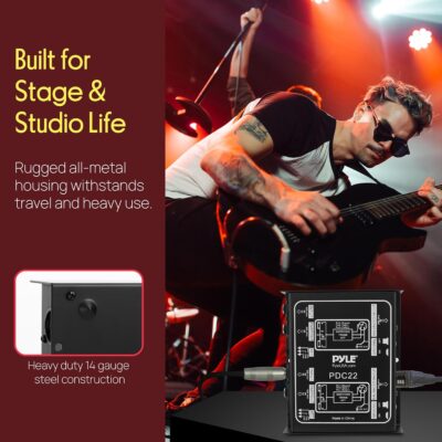 PYLE-PRO Premium Direct Injection Audio Box – Passive DI Unit Hum Eliminator w/ Input Attenuator to Connect Guitar & Bass – 1/4 Inch Impedance Transformer Connector to Balanced & Unbalanced XLR-PDC22 , Black