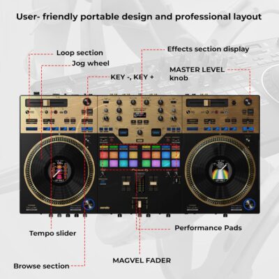 Pioneer DDJ-REV7-N Scratch-Style 2-Channel Professional DJ Controller – Gold Bundle with Case, Headphones, XLR Cable, and Austin Bazaar Polishing Cloth