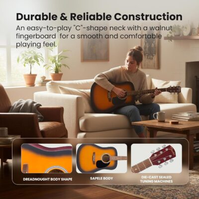 Fender FA Series Dreadnought Acoustic Guitar – 2-Color Sunburst Bundle with Gig Bag, Tuner, Strings, Picks, and Austin Bazaar Instructional DVD