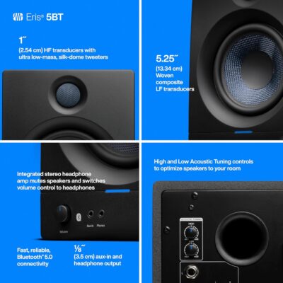 PreSonus Eris 5BT Bluetooth Studio Monitors, Pair — 5.25 Inch Powered Bookshelf Speakers, Stereo, Desktop Computer, Near Field Music Production, Audio Mixing Recording