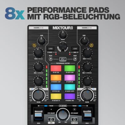 Reloop Mixtour Pro High-quality, ultra-portable, all-in-one four-deck DJ controller with audio interface