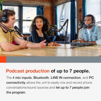 TASCAM Mixcast 4 Podcast Streaming Mixer, Recorder, and USB Audio Interface — Four XLR/TRS Mic Inputs, Touch Screen and Editing Software Included