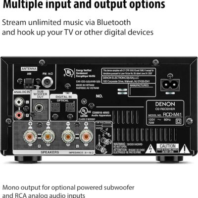 Denon D-M41 Home Theater Mini Amplifier and Bookshelf Speaker Pair – Compact HiFi CD Stereo System with Speakers, FM/AM Tuner, Wireless Bluetooth Amplifier | Perfect for Small Rooms and Home Cinema