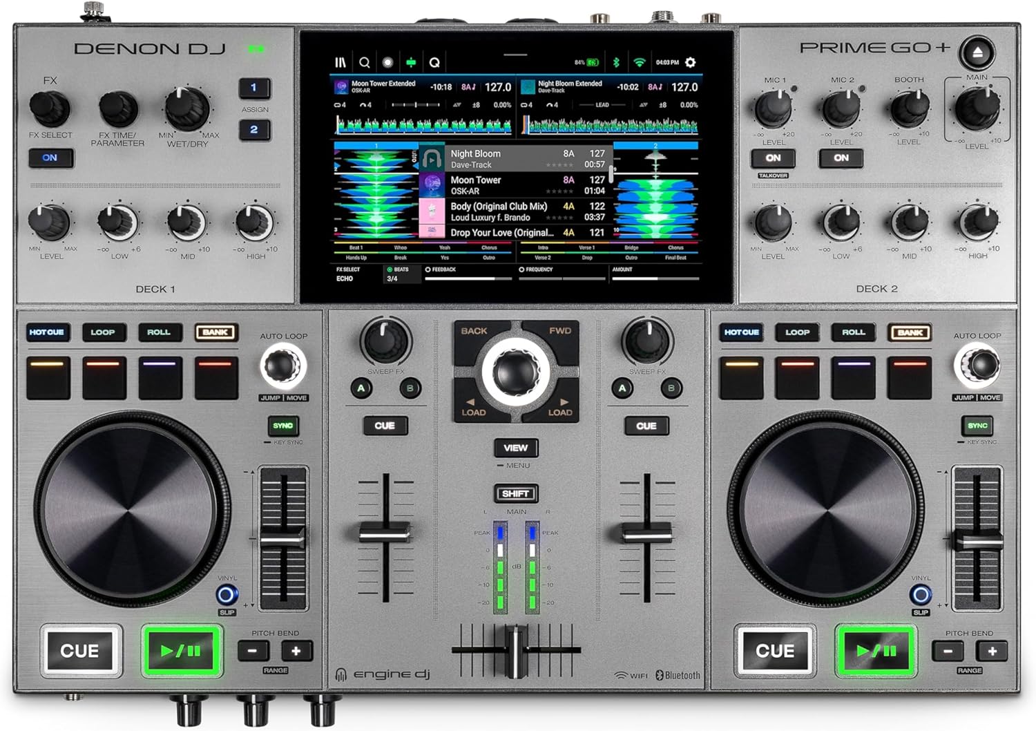 Denon DJ PRIME GO+ Portable DJ Controller and Mixer with Stem Separation, 2 Decks, Wi-Fi Streaming, Bluetooth, Lights Control, 7 Screen and Battery