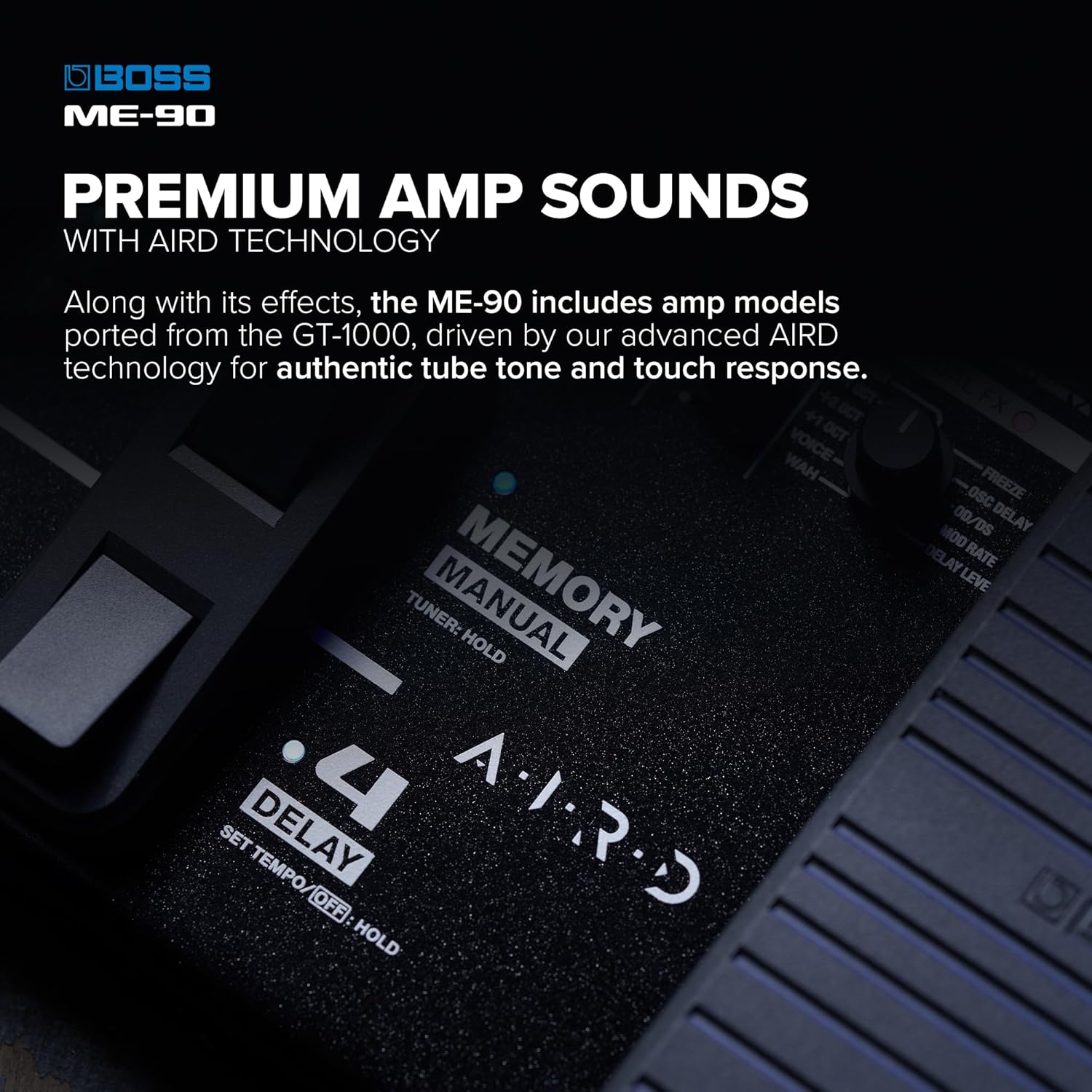 BOSS ME-90 Guitar Multi-Effects | All-In-One Guitar Processor | 11 Onboard AIRD Amp Models | 60 Effects derived from the GT-1000 | 8 Multi-Function Footswitches & Redesigned Expression Pedal