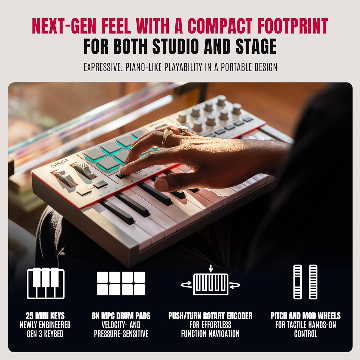 Akai Professional MPK Mini IV USB-C MIDI Keyboard Controller for Beginners and Producers – MPC Drum Pads, 360° Knobs, Pitch and Mod Wheels, Production Software, Native Instruments Sound Package, Grey