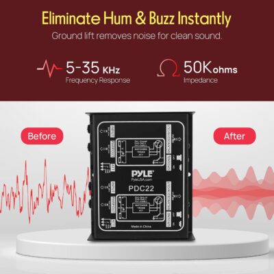 PYLE-PRO Premium Direct Injection Audio Box – Passive DI Unit Hum Eliminator w/ Input Attenuator to Connect Guitar & Bass – 1/4 Inch Impedance Transformer Connector to Balanced & Unbalanced XLR-PDC22 , Black