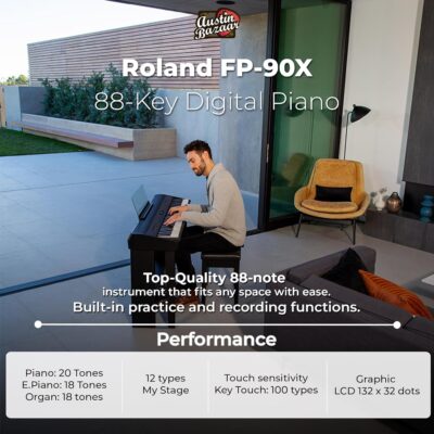 Roland FP-90X 88-Key Digital Piano – Black Bundle with Adjustable Stand, Bench, Sustain Pedal, Online Piano Lessons, Instructional DVD, and Austin Bazaar Polishing Cloth