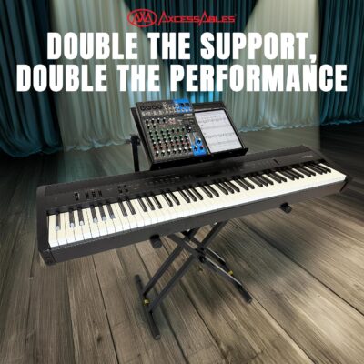 AxcessAbles Portable Two-Tier DJ Table Stand| Two Tier Piano Keyboard Stand for Sheet Music and Tablet | DJ Laptop and Controller Stand | Music Production Workstation | Booth Stand