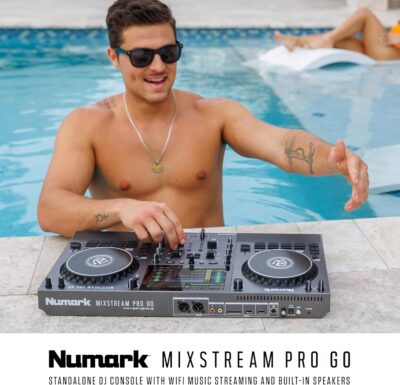 Numark Mixstream Pro Go Portable DJ Controller with Battery, Mixer with Stem Separation, Speakers, WiFi Streaming, Touchscreen, works with Serato DJ