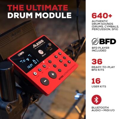 Alesis Nitro Ultimate Electric Drum Set with Dual Zone Quiet Mesh Pads, Movable Hi-Hat, 640 Authentic BFD Sounds and 52 Kits, Bluetooth, Drumeo, USB MIDI, Double Kick Compatible