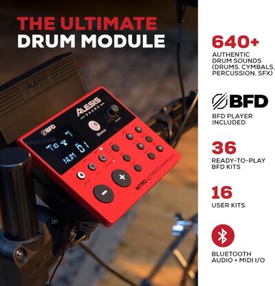 Alesis Nitro Ultimate Electric Drum Set with Dual Zone Quiet Mesh Pads, Movable Hi-Hat, 640 Authentic BFD Sounds and 52 Kits, Bluetooth, Drumeo, USB MIDI, Double Kick Compatible