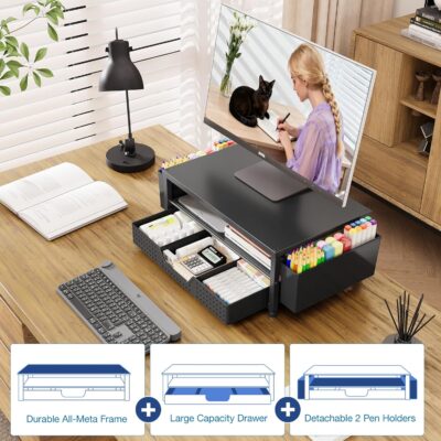 OPNICE Desk Organizers and Accessories, Computer Monitor Stand Riser with Drawer and 2 Pen Holders, Laptop Stand, Office Desk Accessories & Workspace Organizers for Home Office Supplies, Office Book Rack, Black