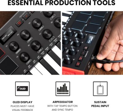 Akai Professional MPK Mini MK3 25 Key USB MIDI Keyboard Controller With 8 Backlit Drum Pads, 8 Knobs, Music Production Software and Native Instruments Sound Package (NKS Integration)