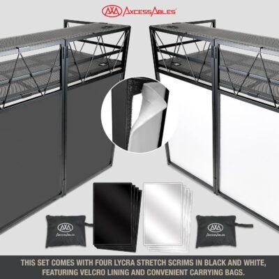 AxcessAbles Two-Tier Portable DJ Booth | Large DJ Table Stand w/ 43×25 Desk Surface | 2 Ergonomic Table Heights | Black & White Facades, Carry Cases | DJ Laptop Controller Stand