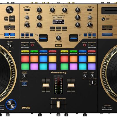 Pioneer DDJ-REV7-N Scratch-Style 2-Channel Professional DJ Controller – Gold Bundle with Case, Headphones, XLR Cable, and Austin Bazaar Polishing Cloth