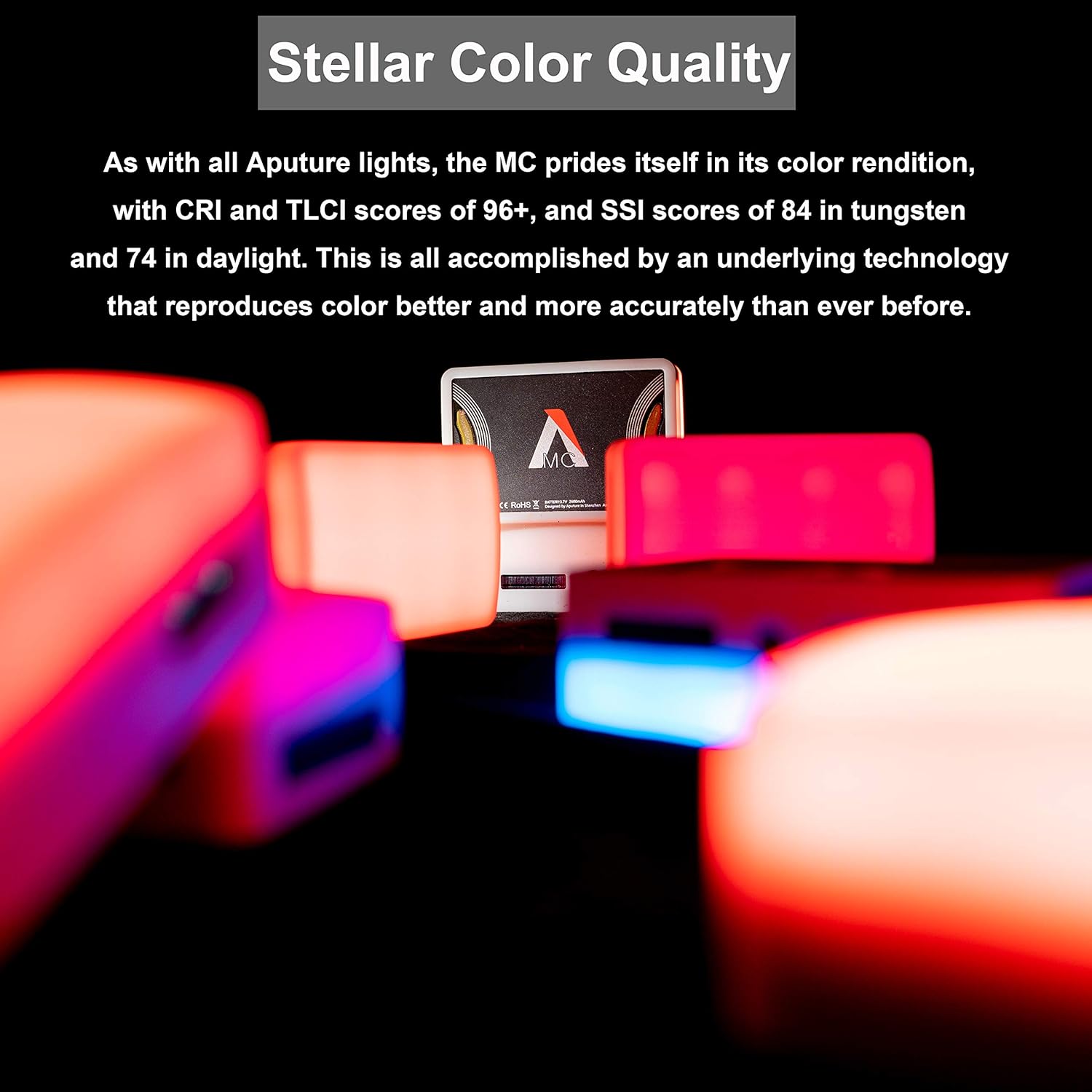 Aputure MC RGBWW On Camera Video Light, CRI/TLCI 96+, Temperature 3200K-6500K, HSI Mode,Support Magnetic Attraction and App with USB-C PD and Wireless Charging