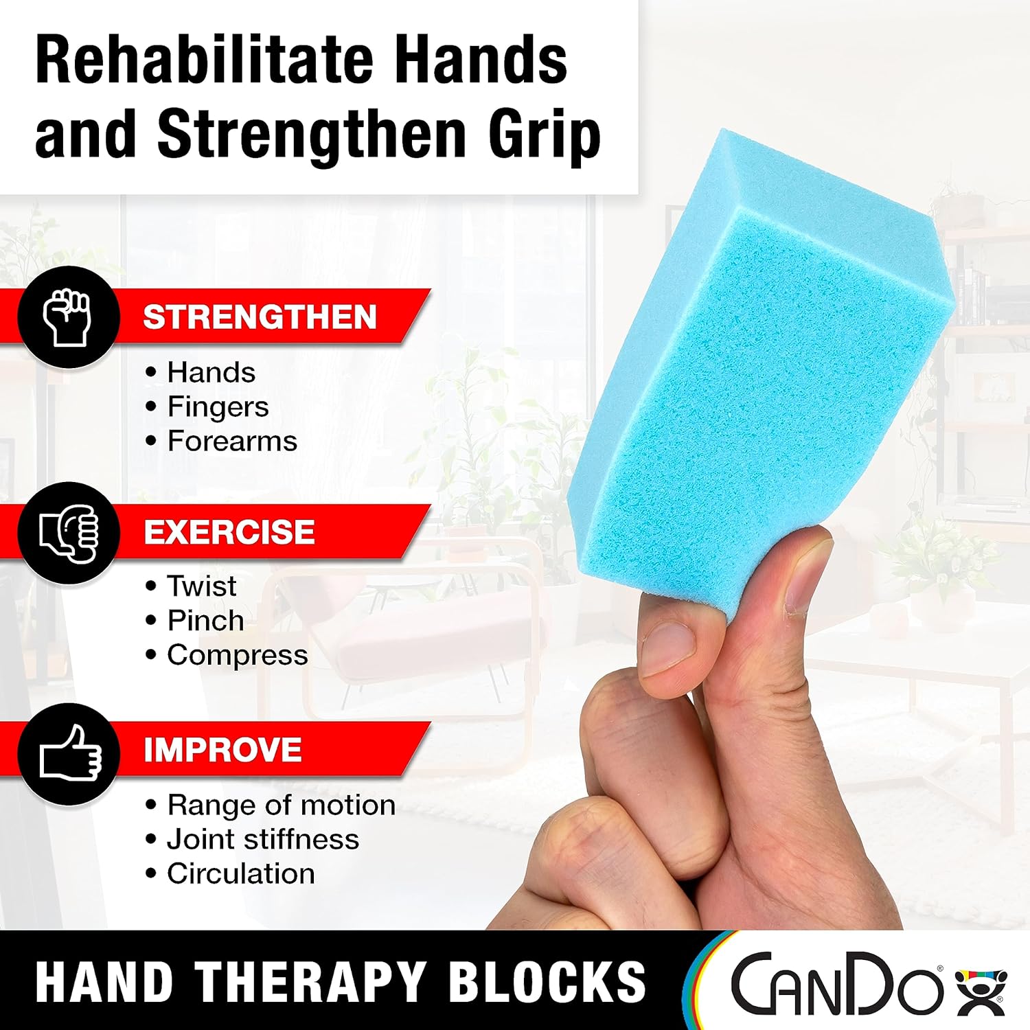 CanDo Hand Therapy Blocks – Extra-Soft Through Firm), Pack of 12 – Grip Strengthening Foam Hand Exercise Tools for Physical Therapy, Arthritis, Carpal Tunnel, Stress Relief, Anxiety