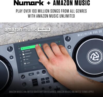 Numark Mixstream Pro Go Portable DJ Controller with Battery, Mixer with Stem Separation, Speakers, WiFi Streaming, Touchscreen, works with Serato DJ
