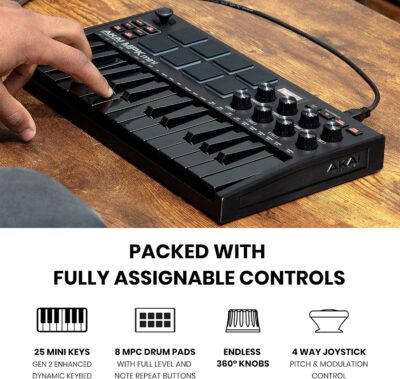 Akai Professional MPK Mini MK3 25 Key USB MIDI Keyboard Controller With 8 Backlit Drum Pads, 8 Knobs, Music Production Software and Native Instruments Sound Package (NKS Integration), Black