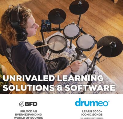 Alesis Nitro Max Kit Compact Electric Drum Kit with Quiet Mesh Pads, 10 Dual-Zone Snare, Bluetooth, 440+ BFD Sounds, Drumeo, USB MIDI, Kick Pedal