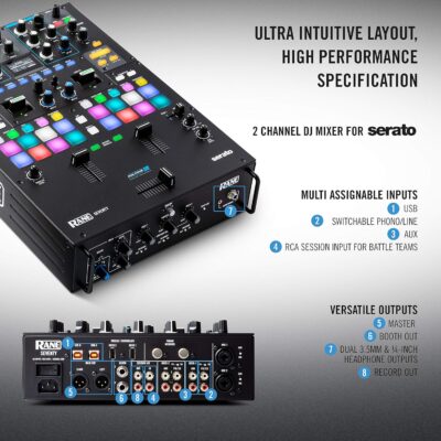 RANE DJ SEVENTY – Two Channel DJ Mixer for Serato DJ with Akai Professional MPC Performance Pads Internal DJ FX and Three Contactless MAG FOUR Faders