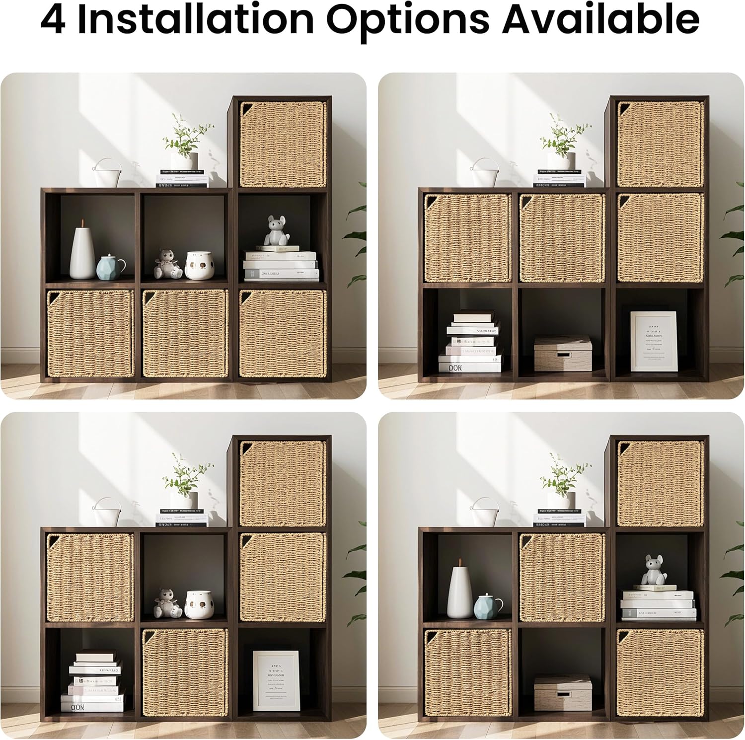 AELS 13 Handwoven Natural Fibre Doors for Cube Storage Shelf, Set of 4, Boho Straw Shelf Cover for Bookcase & Open Bookshelf, Rustic Farmhouse Home Decor, fit IKEA Kallax Shelf, Natural (Door ONLY)