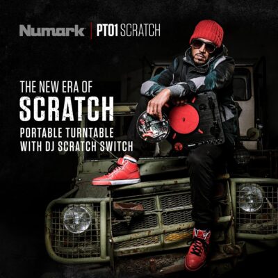 Numark PT01 Scratch | DJ Turntable for Portablists With User Replaceable Scratch Switch, Built In Speaker, Power via Battery or AC Adapter, Three Speed RPM Selection & USB Connectivity