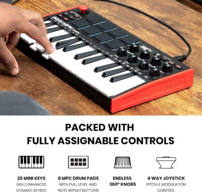 Akai Professional MPK Mini MK3 25 Key USB MIDI Keyboard Controller With 8 Backlit Drum Pads, 8 Knobs, Music Production Software and Native Instruments Sound Package (NKS Integration)