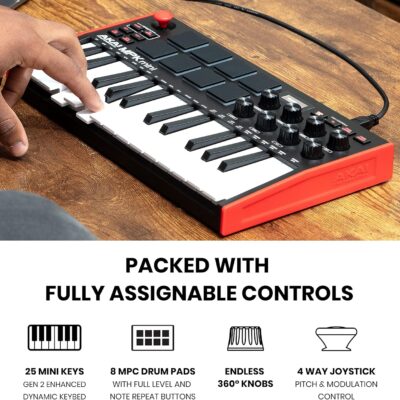 Akai Professional MPK Mini MK3 25 Key USB MIDI Keyboard Controller With 8 Backlit Drum Pads, 8 Knobs, Music Production Software and Native Instruments Sound Package (NKS Integration)