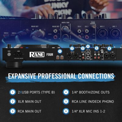 RANE FOUR Stems DJ Controller with 4 Decks, 8.5 Jog Wheels with Displays, Mixer with Internal FX, Serato DJ Pro and Pitch n Time Included