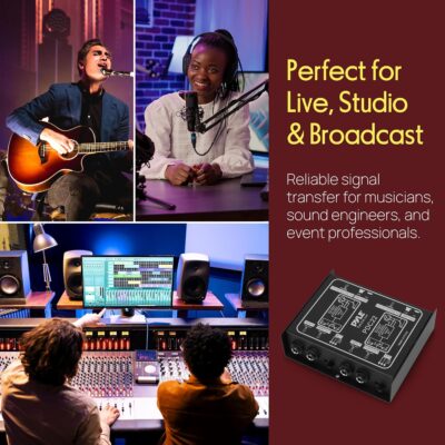 PYLE-PRO Premium Direct Injection Audio Box – Passive DI Unit Hum Eliminator w/ Input Attenuator to Connect Guitar & Bass – 1/4 Inch Impedance Transformer Connector to Balanced & Unbalanced XLR-PDC22 , Black